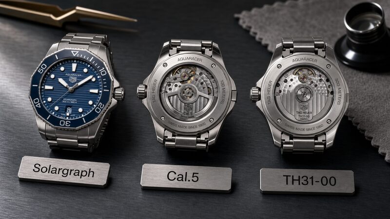 タグホイヤー アクアレーサーのソーラーグラフとCal.5、TH31-00という3系統のムーブメントを並べて対比したマクロ写真