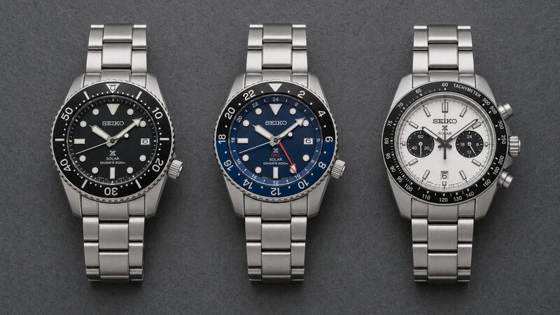 ダイバー・GMT・クロノグラフの3本を俯瞰で並べたプロスペックス ソーラーの比較写真。キャリバー差の解説用