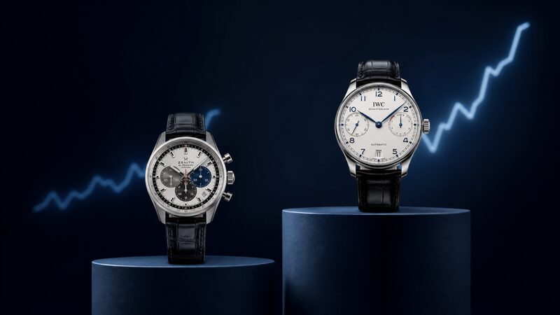 ゼニスとIWCの中古相場推移をイメージしたインフォグラフィック風の比較写真