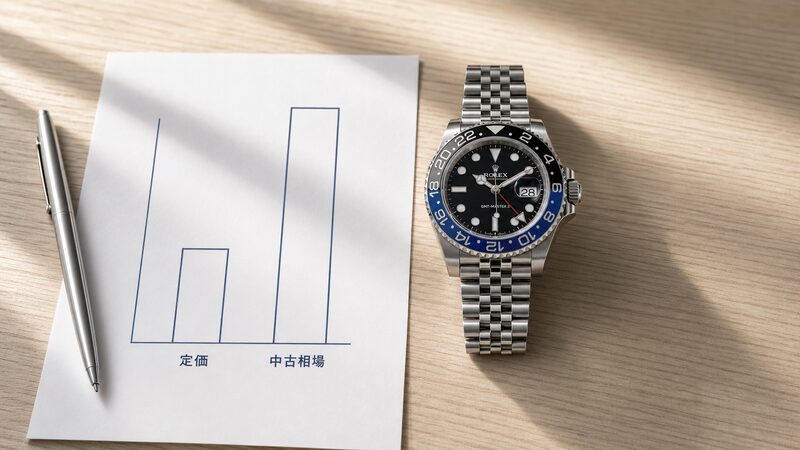 バットマンと定価・中古相場を示す簡易グラフを並べた机上の写真。プレミア倍率が示す入手難易度を表す構図