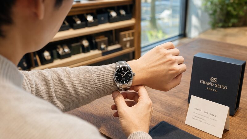 グランドセイコーをレンタルで試着する20代男性の手元
