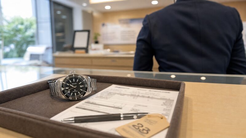 修理受付の窓口に置かれたプロスペックス ソーラーと見積書。依頼先3ルートの比較の解説用