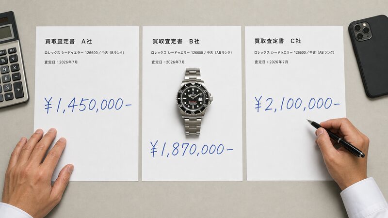 3社分の査定書とシードゥエラーを並べて金額を見比べる手元の俯瞰写真。同じ型番でも提示額が大きくぶれることを示す構図