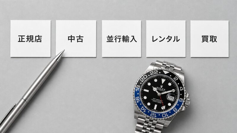 正規店・中古・並行輸入・レンタル・買取の5枚のカードとバットマンを並べた俯瞰写真。買い方の選択肢を示す構図
