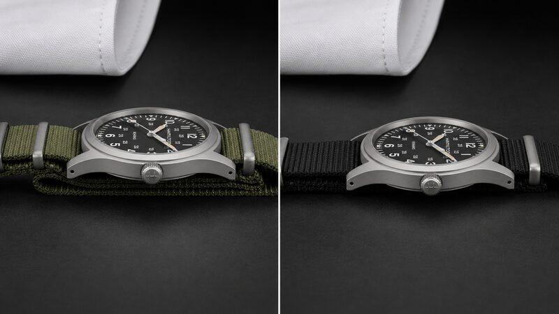 二重折り返しのナイロンで浮いたカーキ フィールドとシングルパスで低く収まる同モデルを横から並べ、袖下の高さの差を比較した写真