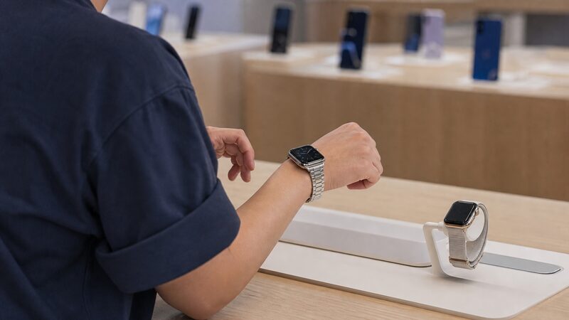 アップルウォッチのステンレスを試着して重量を確かめる男性