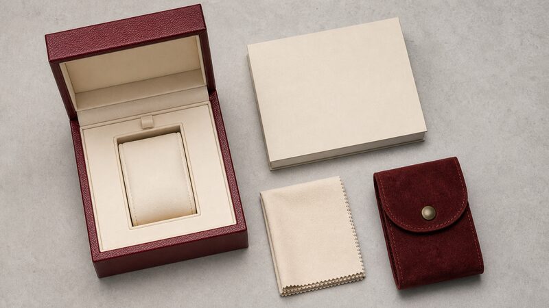腕時計の保証書やケースなど資産価値を守る付属品を並べた写真