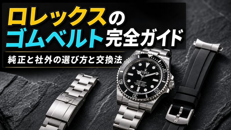ロレックスのメタルブレスと社外ラバーベルトを並べ、純正と社外のゴムベルトの選び方を象徴するアイキャッチ画像