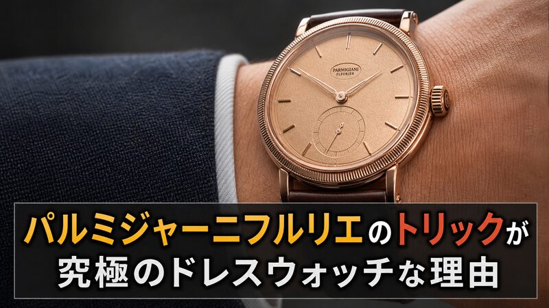 パルミジャーニ・フルリエ トリックのサンドゴールド文字盤とナール加工ベゼルを袖口とともに撮影した腕元マクロ写真