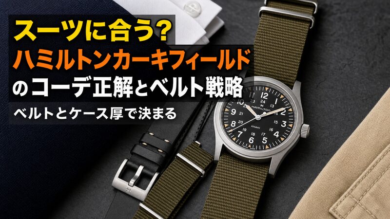 ハミルトン カーキ フィールド メカニカル38mmと黒レザー・オリーブのナイロン20mmを並べ、スーツと休日の両方に着回すコーデを示したアイキャッチ