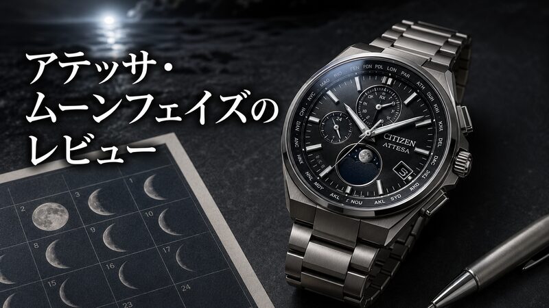 アテッサ ムーンフェイズ レビューを象徴する黒文字板と月齢表示の腕時計