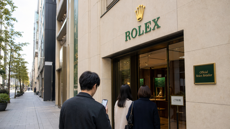 ロレックス正規店の店頭に立ち、来店予約の案内を確認する客の後ろ姿