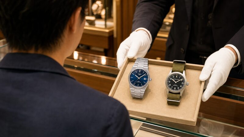 時計店のカウンターでティソとハミルトンを見比べる男性。初めてのスイス時計選びの検討シーンを表現