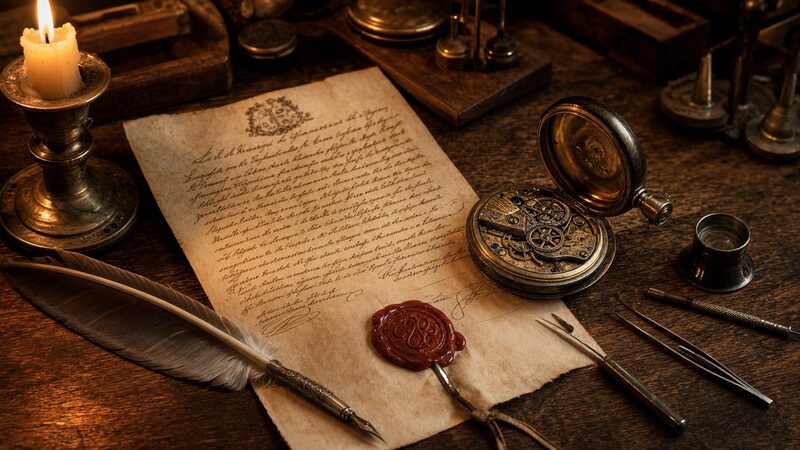1755年の公証人契約書と当時の時計工房道具を再現した歴史的静物のイメージ