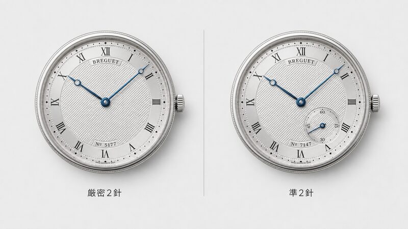 ブレゲ厳密2針モデルと準2針モデルの文字盤を比較したインフォグラフィック