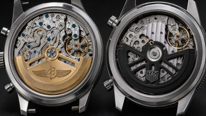 ブライトリングのキャリバー01とタグ・ホイヤーのHeuer02、両ムーブメントの仕上げを接写で比較した画像