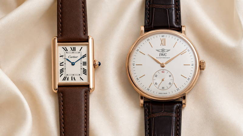 カルティエ タンク ルイ カルティエSMとIWCポートフィノのピンクゴールドモデルを並べた比較写真