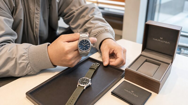 ティソPRXとハミルトンカーキフィールドを手に取り比較検討する男性の手元。購入ルート選びのシーンを表現