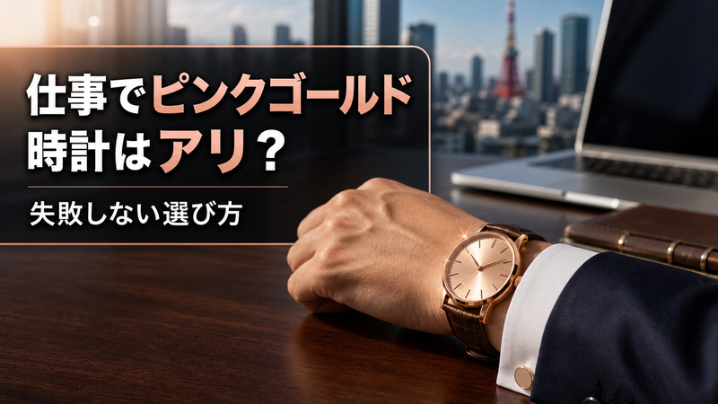 職場のデスクでピンクゴールドの腕時計を着用したビジネスマンの手元、ビジネスシーンでの印象を象徴する構図
