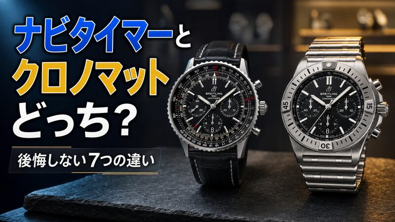 ナビタイマーB01クロノグラフ41とクロノマットB01 42を並べて比較したアイキャッチ用の腕時計写真です