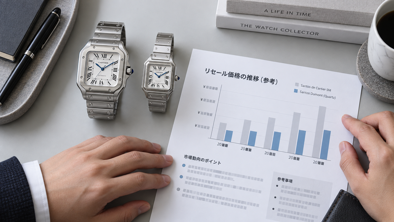 サントス ドゥ カルティエとサントス デュモンを並べ価格資料を確認する手元で資産価値データを読み解く構図