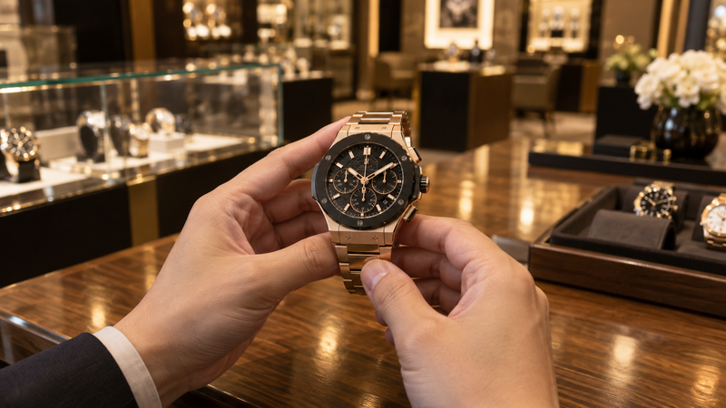ウブロのキングゴールドモデルを手に取り正規店・並行輸入・中古の購入ルートを検討する様子を表したイメージ