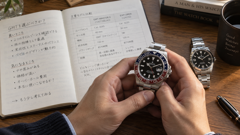 GMTモデルと代替の3針モデルを見比べながら選び方を検討する男性の手元