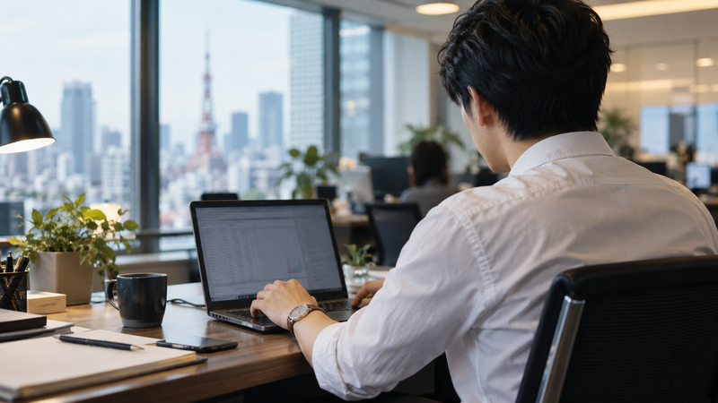 オフィスでスーツの袖からドレスウォッチが覗く後ろ姿、会社での見られ方を考えるビジネスシーン