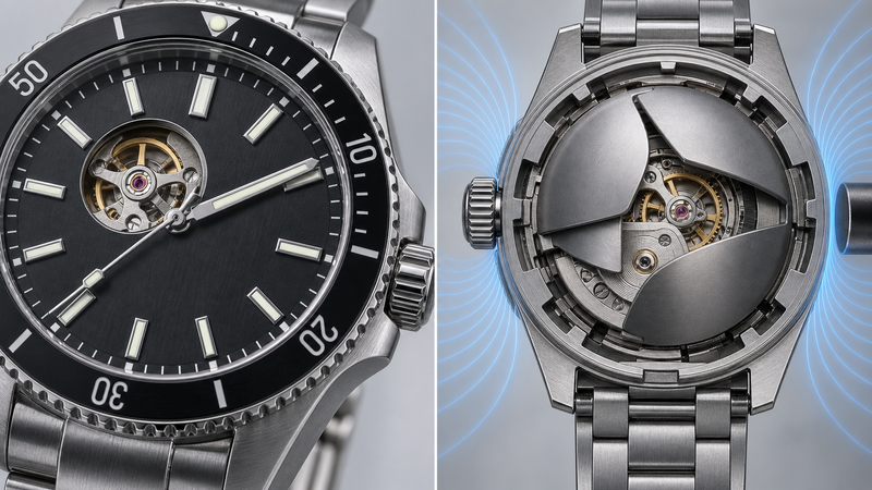 オープンハート腕時計とBALL Watchの耐磁シャッター構造を並べた接写写真