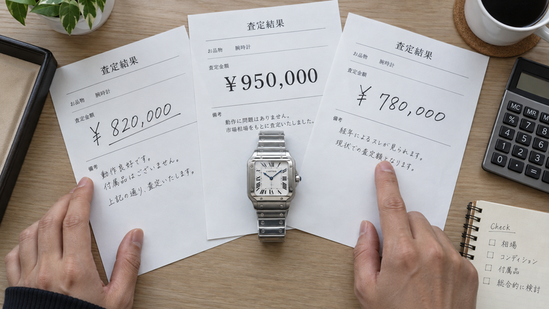 サントスを囲むように複数の買取査定書を並べ比較する手元で複数店舗査定の重要性を示す構図