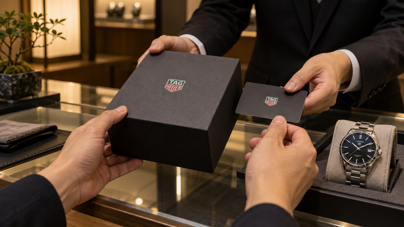 時計店のカウンターで保証書とタグホイヤーの時計を受け取る手元のイメージ