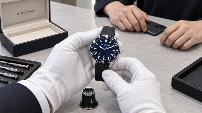 買取カウンターの査定マット上でユリス・ナルダン ダイバーを手袋をした手で確認している様子