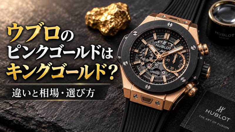 ウブロ ビッグ・バン ウニコ キングゴールドの腕時計を手元にアップで捉えた、キングゴールドとピンクゴールドの違いを解説する記事のアイキャッチ