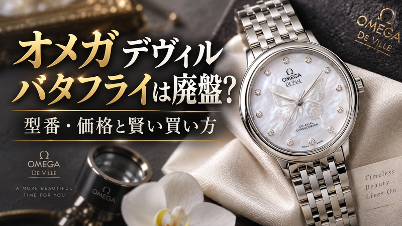 オメガ デヴィル バタフライ、蝶モチーフのダイヤルとダイヤモンドインデックスを配した上品なドレスウォッチの全体像
