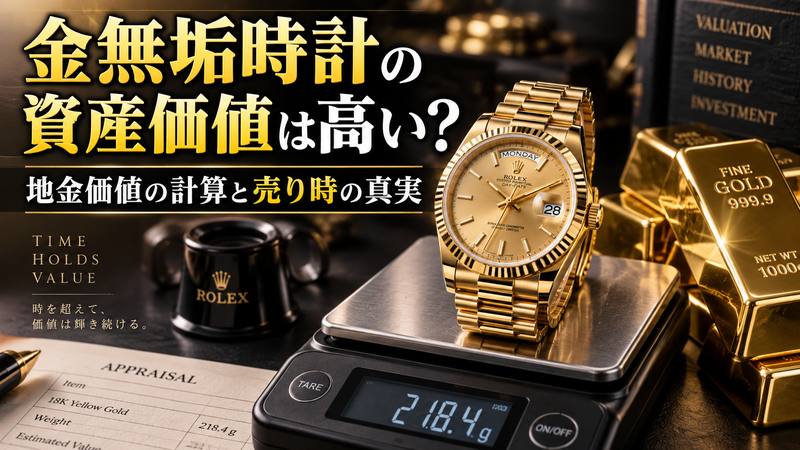 金無垢時計と金の延べ棒を天秤に乗せた構図、資産価値の計算方法を解説する記事のアイキャッチ