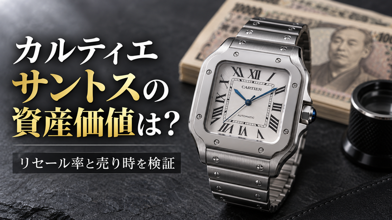 カルティエ サントス ドゥ カルティエLMのスティールモデルを紙幣とルーペとともに撮影し資産価値の検証を象徴する構図