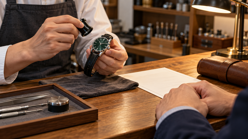 自動巻き腕時計を長く使うために、時計修理店のカウンターで時計師が腕時計を点検し依頼者と向き合う手元の写真