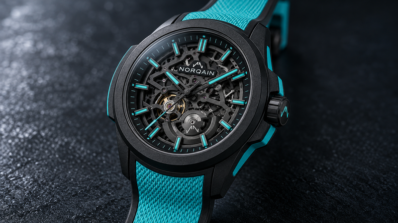 漆黒のケースにターコイズを差し色にしたノルケイン ワイルドワン スケルトン 42mm ターコイズを斜めから接写した腕時計の写真