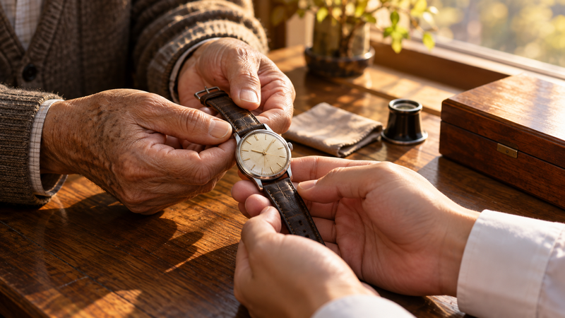 世代を超えて受け継がれる機械式腕時計を、年配の男性から若い男性へ窓辺のテーブル越しに手渡す二人の手元で表現した写真