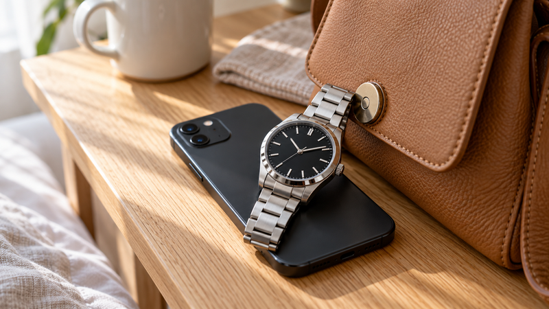 自動巻き腕時計をスマートフォンの上に置き、バッグの磁石の留め金にも触れさせた、磁気帯びを招くNG保管の例