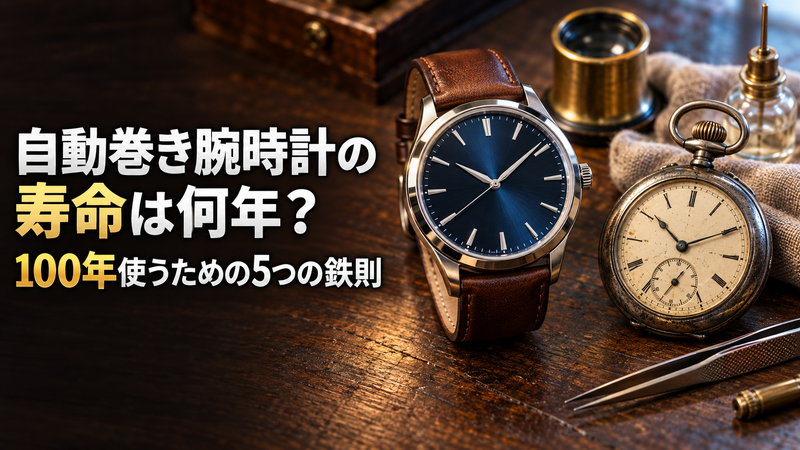 自動巻き腕時計の寿命を象徴する、時計師の作業台に並んだ現行の機械式腕時計と、百年前の古い銀の懐中時計を写したアイキャッチ
